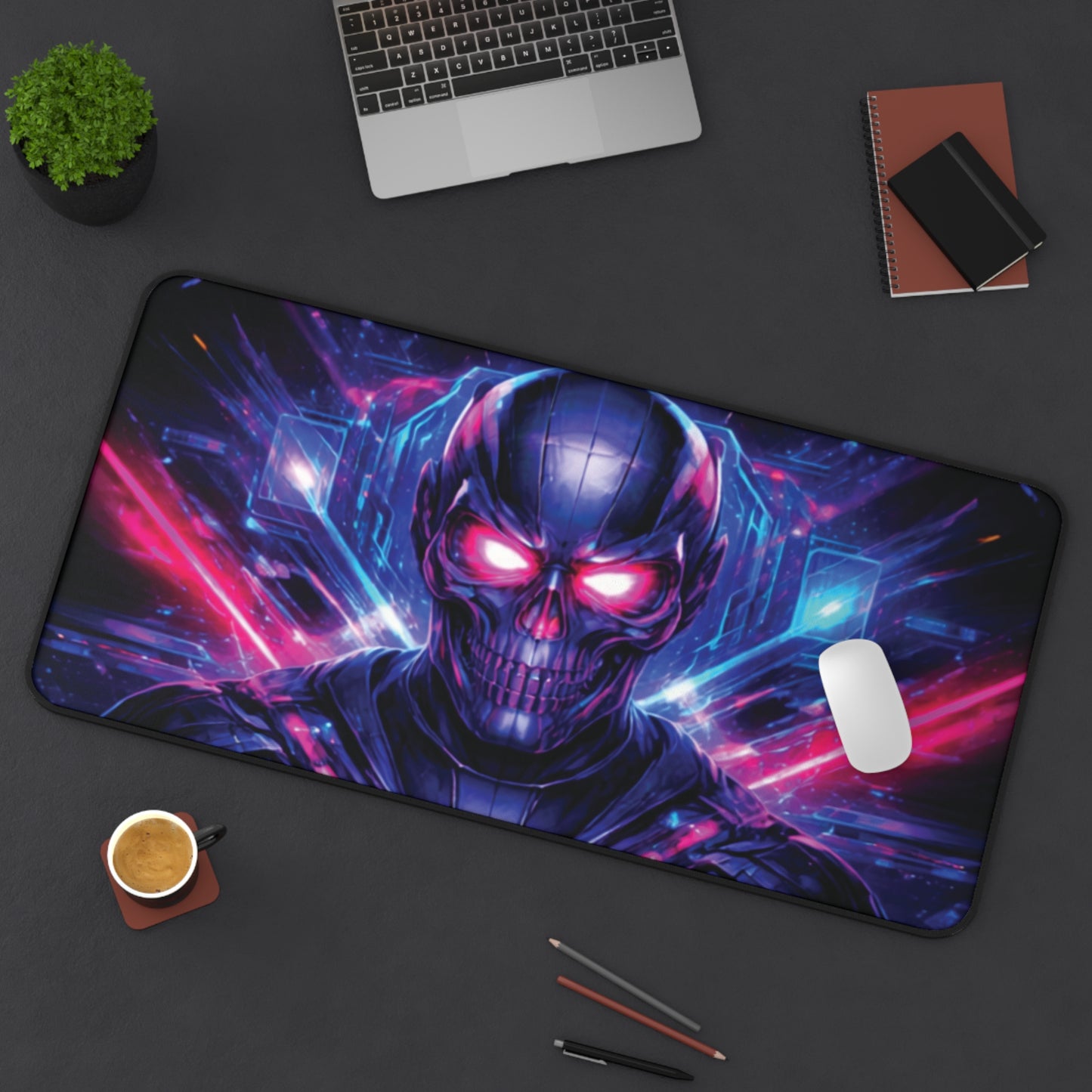 Gaming Desk Mat — Neon Cyber Skull RGB Mouse Pad for Gamers